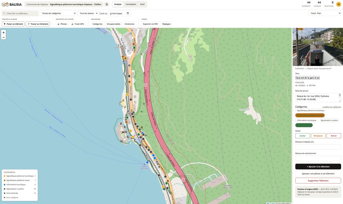 Carte de Veytaux couverte de points colorés, avec à droite la fiche d'un relevé : sa photo, sa position, sa note de terrain et ses catégories