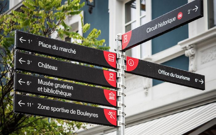 Indicateurs directionnels noirs et rouges de Bulle, indiquant la place du marché, le château et le Musée gruérien avec leurs temps de marche