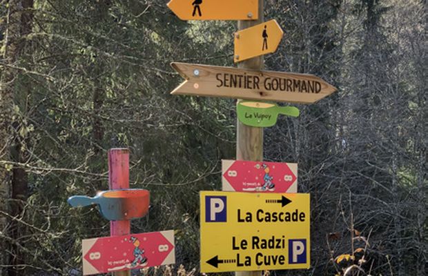 Poteau portant une dizaine de flèches rouges, jaunes et brunes qui se contredisent
